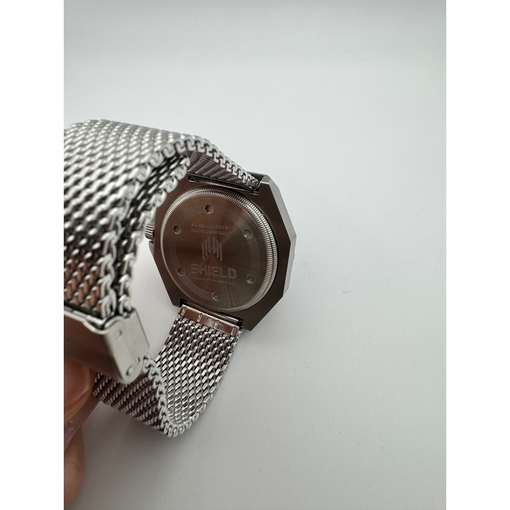Shield GMT Stainless Steel Blue Dial Swiss Quartz GMT Watch Mesh Bracelet - Picture 5 of 7